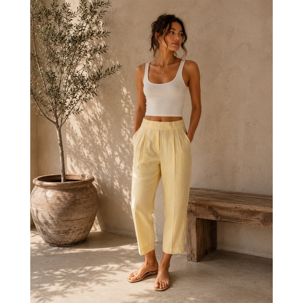 Babaton Aritzia Linen Blend Pull-On Ankle Pants Size 2 Butter Yellow Pleated